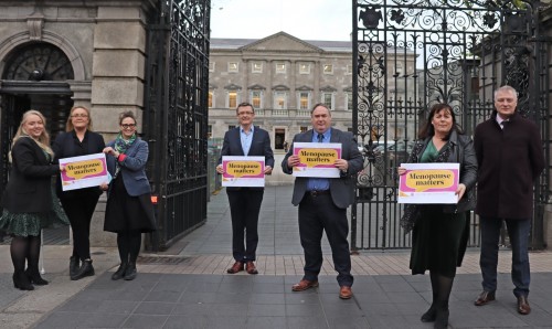 Pictured left to right: Sinn Féin advisor Jessica Ní Mhaoláin, TD Sorca Clarke, Senator Lynn Boylan, TD David Cullinane, MLA Colm Gildernew, MP Michelle Gildernew, TD Martin Kenny outside Leinster House