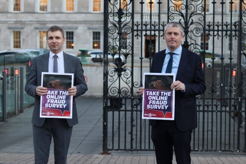 Sinn Féin TDs Ruairí Ó Murchú (left) and Pa Daly (right) launch the survey at Leinster House